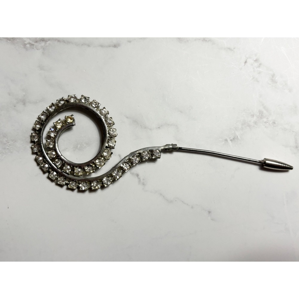 Vintage Clear Rhinestone Spiral Swirl Stick Pin Silver Tone Lapel Scarf Brooch
